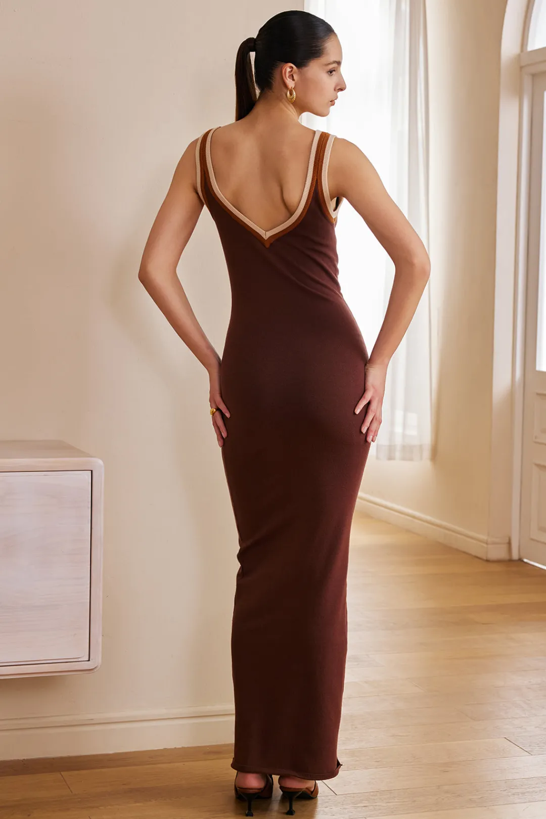 MICAS Maxi Dresses-Solid Cut Out Color Block Maxi Dress BROWN