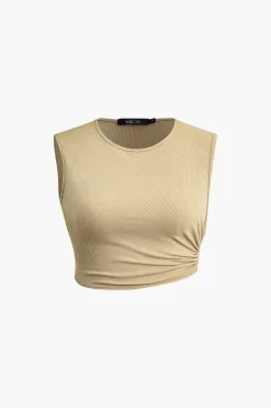 MICAS Skirt Sets-Solid Cut Out Crop Tank Top And Ruched Split Midi Skirt Set KHAKI