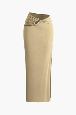 MICAS Skirt Sets-Solid Cut Out Crop Tank Top And Ruched Split Midi Skirt Set KHAKI