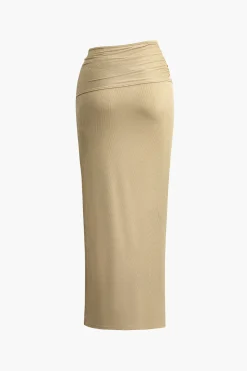 MICAS Skirt Sets-Solid Cut Out Crop Tank Top And Ruched Split Midi Skirt Set KHAKI