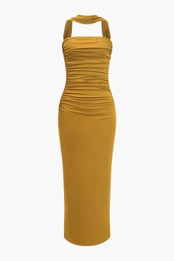 MICAS Midi Dresses-Solid Cut Out Halter Midi Dress OCHRE