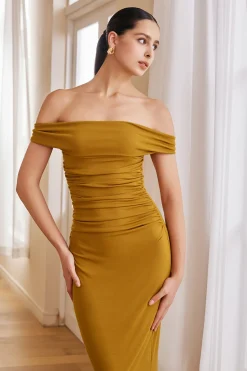 MICAS Midi Dresses-Solid Cut Out Halter Midi Dress OCHRE