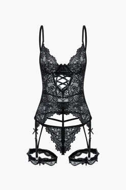 MICAS Lingerie & Sleepwear-Solid Cut Out Lace Lingerie Garter Set BLACK