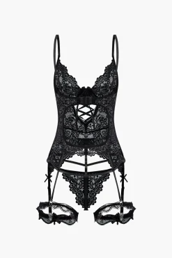 MICAS Lingerie & Sleepwear-Solid Cut Out Lace Lingerie Garter Set BLACK