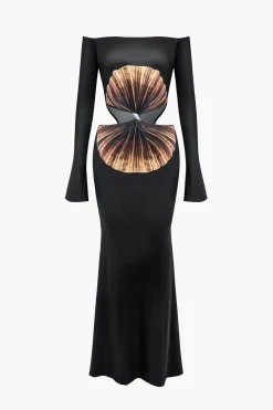 MICAS Long Sleeve Dresses|Maxi Dresses-Solid Cut Out Twist Knot Long-Sleeve Maxi Dress BLACK