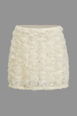 MICAS Skirts-Solid 3D Floral Texture Zipper Mesh Mini Skirt BEIGE