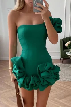 MICAS Mini Dresses-Solid 3D Ruffle Mini Dress GREEN