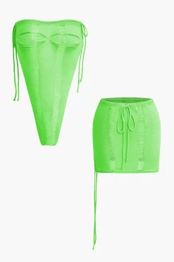 MICAS Knit Sets-Solid Distressed Ladder Knit Tube Top And Tie Front Mini Skirt Set