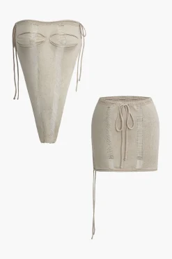 MICAS Knit Sets-Solid Distressed Ladder Knit Tube Top And Tie Front Mini Skirt Set