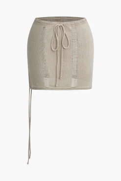 MICAS Knit Sets-Solid Distressed Ladder Knit Tube Top And Tie Front Mini Skirt Set