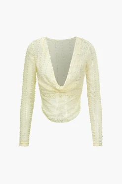 MICAS Long Sleeve Tops|Long Sleeves Tops-Solid Draped Cowl Neck Long-Sleeve Top BEIGE