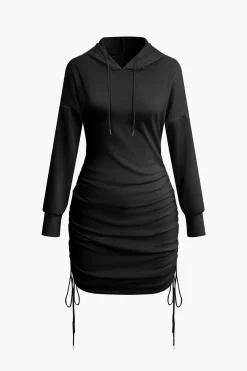 MICAS Long Sleeve Dresses|Mini Dresses-Solid Drawstring Hooded Mini Dress