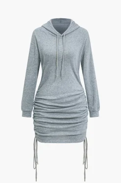 MICAS Long Sleeve Dresses|Mini Dresses-Solid Drawstring Hooded Mini Dress