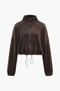 MICAS Outerwear|Outerwear-Solid Drawstring Mock Neck Zipper Jacket COFFEE