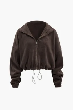 MICAS Outerwear|Outerwear-Solid Drawstring Mock Neck Zipper Jacket COFFEE