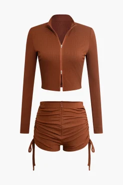 MICAS Short Sets-Solid Drawstring Zipper Shorts Set CHOCOLATE