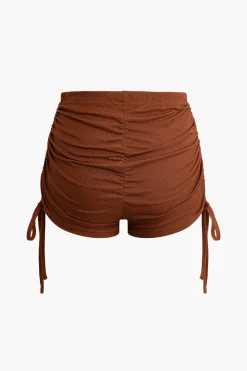 MICAS Short Sets-Solid Drawstring Zipper Shorts Set CHOCOLATE