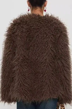 MICAS Outerwear|Outerwear-Solid Faux Fur Fringe Coat BROWN