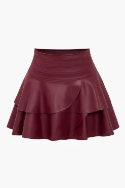 MICAS Skirts-Solid Faux Leather Asymmetrical Layer Skirt