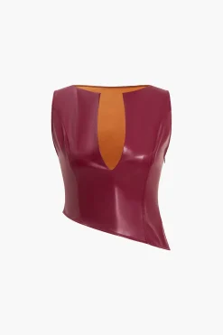 MICAS Tank Tops & Cami-Solid Faux Leather Asymmetrical Zipper Tank Top BURGUNDY