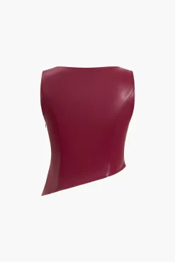 MICAS Tank Tops & Cami-Solid Faux Leather Asymmetrical Zipper Tank Top BURGUNDY