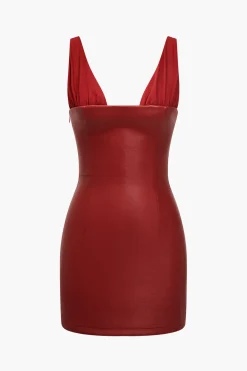 MICAS Mini Dresses-Solid Faux Leather Backless Mini Dress RED
