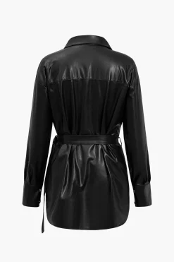 MICAS Long Sleeve Tops|Long Sleeves Tops-Solid Faux Leather Belted Long-Sleeve Shirt BLACK