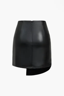 MICAS Skirts-Solid Faux Leather Button Asymmetrical Skirt BLACK