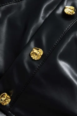 MICAS Skirts-Solid Faux Leather Button Asymmetrical Skirt BLACK