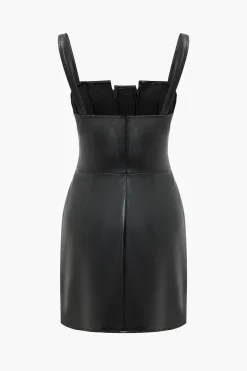 MICAS Mini Dresses-Solid Faux Leather Button Mini Dress BLACK