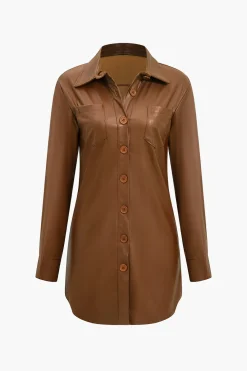 MICAS Mini Dresses|Long Sleeve Dresses-Solid Faux Leather Button Long Sleeve Mini Dress