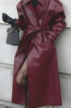 MICAS Outerwear|Outerwear-Solid Faux Leather Button Pocket Belted Coat