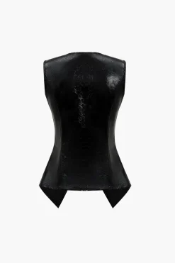 MICAS Outerwear|Outerwear-Solid Faux Leather Button Vest