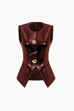 MICAS Outerwear|Outerwear-Solid Faux Leather Button Vest