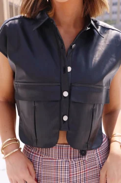MICAS Outerwear|Outerwear-Solid Faux Leather Button Pocket Vest