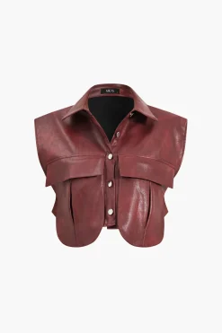 MICAS Outerwear|Outerwear-Solid Faux Leather Button Pocket Vest
