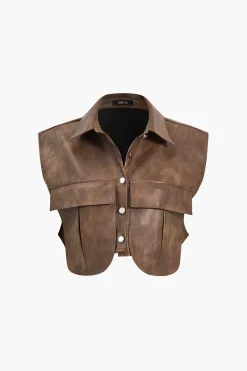 MICAS Outerwear|Outerwear-Solid Faux Leather Button Pocket Vest