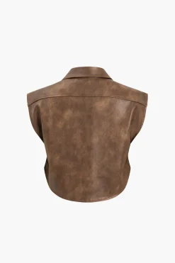 MICAS Outerwear|Outerwear-Solid Faux Leather Button Pocket Vest