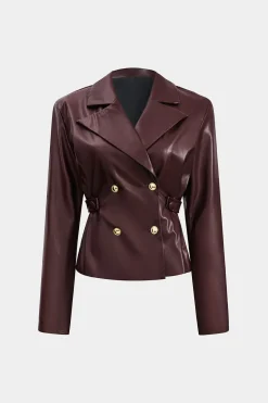 MICAS Outerwear|Outerwear-Solid Faux Leather Double Breasted Jacket BURGUNDY