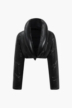 MICAS Outerwear|Outerwear-Solid Faux Leather Padded Button Stand Collar Puffer BLACK