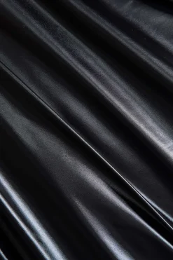 MICAS Outerwear|Outerwear-Solid Faux Leather Padded Button Stand Collar Puffer BLACK