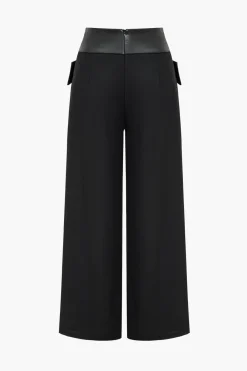 MICAS Pants-Solid Faux Leather Patchwork High Waist Crossed Pocket Trousers