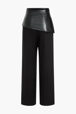 MICAS Pants-Solid Faux Leather Patchwork Button Trousers BLACK