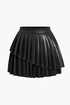 MICAS Skirts-Solid Faux Leather Pleated Asymmetrical Skirt