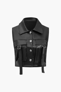 MICAS Outerwear|Outerwear-Solid Faux Leather Pocket Vest BLACK
