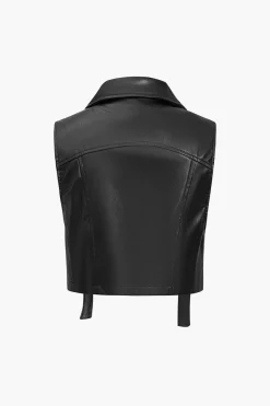MICAS Outerwear|Outerwear-Solid Faux Leather Pocket Vest BLACK