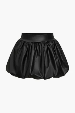 MICAS Skirts-Solid Faux Leather Ruched Puff Skirt