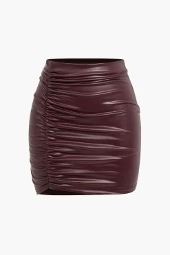 MICAS Skirts-Solid Faux Leather Ruched Skirt BURGUNDY