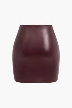 MICAS Skirts-Solid Faux Leather Ruched Skirt BURGUNDY
