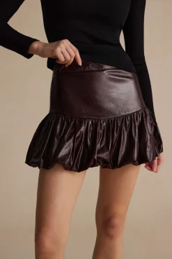 MICAS Skirts-Solid Faux Leather Ruched Skirt BURGUNDY